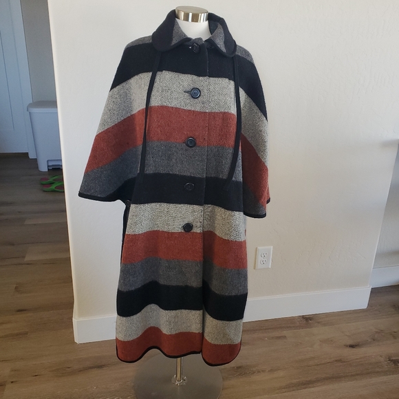 Vintage 1960's Bickler Gray and Rust Wool Blanket Cape Coat Made in England - Picture 9 of 17